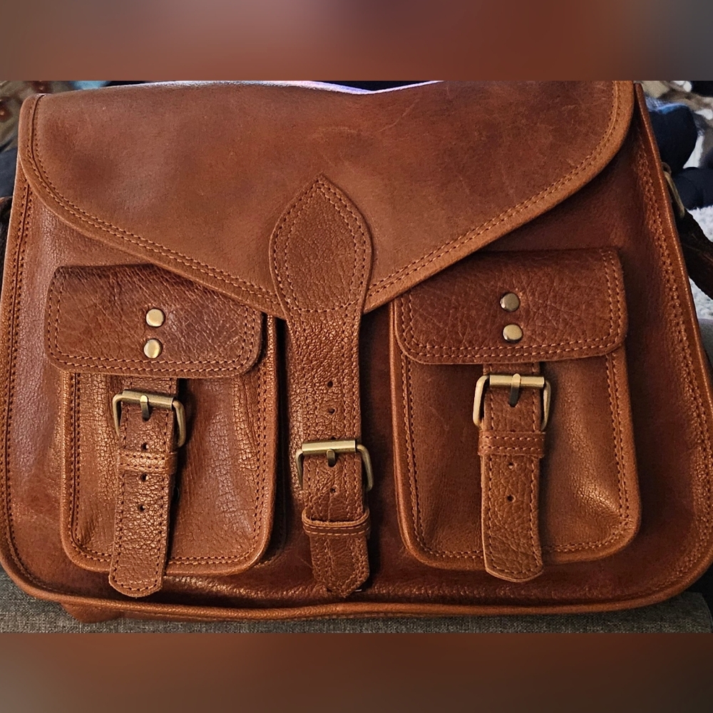 Vintage Tan Leather Messenger Bag for Men Or Women